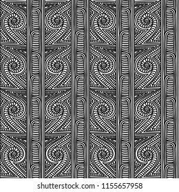Maori tribal pattern vector seamless. African fabric print. Ethnic polynesian aboriginal art. Kenyan black white background for boho textile blanket, wallpaper, wrapping paper and backdrop template.