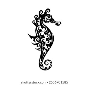 Maori tribal seahorse animal tattoo featuring flowing curves and swirls. Isolated vector black ink sea hippocampus shape combines both cultural symbolism and marine elegance for body art or decoration