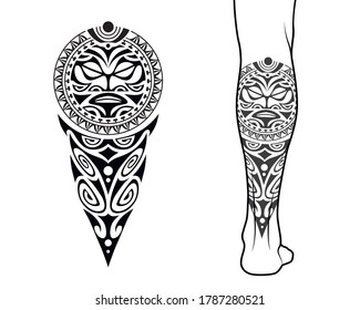 Maori tribal style tattoo pattern fit for a leg. With example on body.