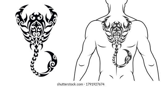 Maori Tribal Style Tattoo Pattern With Scorpio Fit For A Back, Chest. With Example On Body. For Tattoo Studio Catalog.