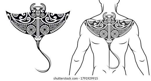 Maori tribal style tattoo pattern with manta ray fit for a back, chest. With example on body. For tattoo studio catalog.