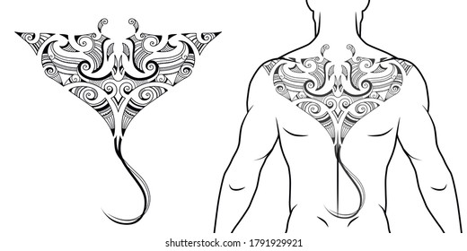 Maori tribal style tattoo pattern with manta ray fit for a back, chest. With example on body. For tattoo studio catalog.