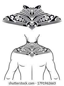 Maori tribal style tattoo pattern fit for a neck, back, chest. With example on body. For tattoo studio catalog.