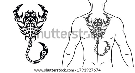 Maori tribal style tattoo pattern with scorpio fit for a back, chest. With example on body. For tattoo studio catalog.