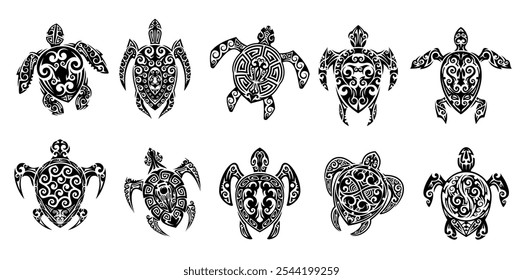 Tatuaje de animal reptil tortuga tribal maorí. Los signos del tótem maya azteca representan longevidad, sabiduría y estabilidad. Motivos de arte tribal simbólicos, ornamentados y simétricos de la tortuga sacra negra de Vector aislada