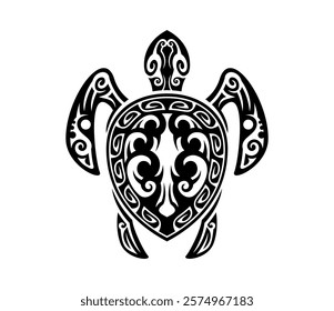 Maori tribal turtle reptile animal tattoo, vector polynesian art. Sea turtle isolated silhouette with abstract geometric black white pattern. Maori, hawaiian or samoan traditional tribal animal tattoo