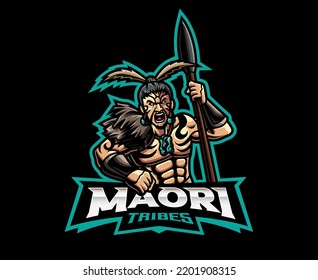 Maori tribe mascot logo design. Maori warrior vector illustration. Logo illustration for mascot or symbol and identity, emblem sports or e-sports gaming team