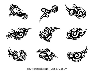 Maori warrior tribal tattoo patterns set. Polynesian tribe abstract ink symbols collection, Samoan ethnic decoration or vector pattern. Maori tribal warrior shoulder tattoos, New Zealand ornaments