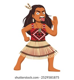 A mulher Maori toca uma haka, vestindo trajes tradicionais, com uma expressão intensa e sua língua destacando-se.