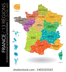 Map of 13 French regions and 5 overseas regions (included: limit of departments)