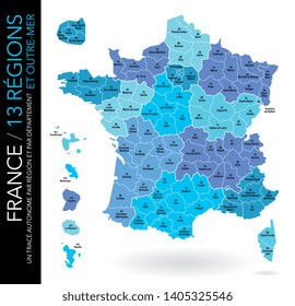 Map of 13 French regions and 5 overseas regions (included: limit of departments)