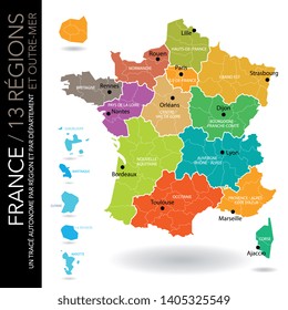 Map of 13 French regions and 5 overseas regions (included: limit of departments)