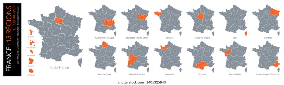 Map of 13 French regions and 5 overseas regions (included: limit of departments)