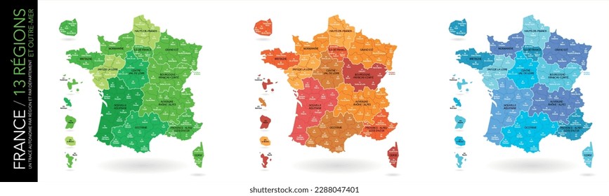 Map of 13 French regions and 5 overseas regions (included: limit of departments)