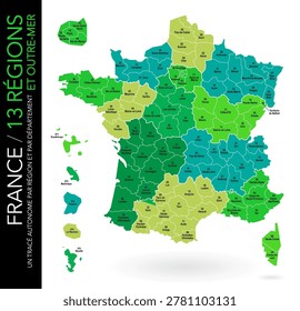 Map of 13 French regions and 5 overseas regions (included: limit of departments)