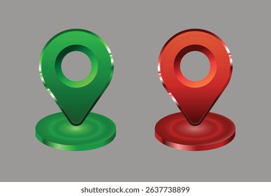  Map 3D pins. Location points vector shapes on white for maps and navigation apps, red and green geolocation markers, place mark icons, cartography and traveller interest symbols. 