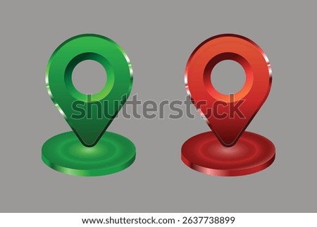  Map 3D pins. Location points vector shapes on white for maps and navigation apps, red and green geolocation markers, place mark icons, cartography and traveller interest symbols. 
