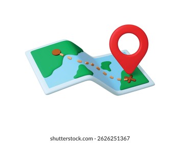 Map 3d with travel route. Render navigation element with start and finish points and red pin gps. Tourism, hiking, outdoor adventures vector design