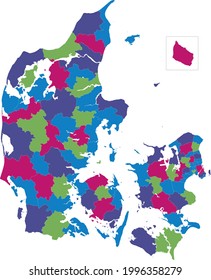 Map of the 98 communes in Denmark in editable vector format.