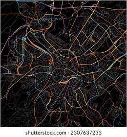 Map of Aachen, North Rhine-Westphalia with all major and minor roads, railways and waterways. Colorful line art on black background.