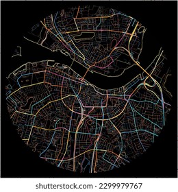 Map of Aalborg with all major and minor roads, railways and waterways. Colorful line art on black background.