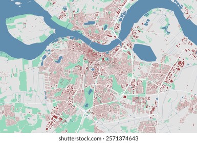 Map of Aalborg, Denmark. Detailed city vector map with buildings, municipality area. Streetmap with roads.