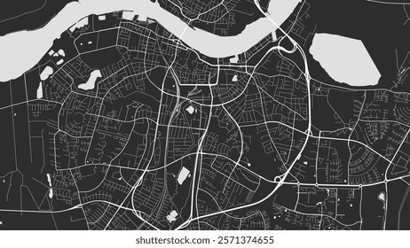 Map of Aalborg, Denmark. Detailed city vector map, metropolitan area. Black and white streetmap with roads and water.