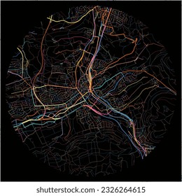 Map of Aalen, Baden-Wuerttemberg with all major and minor roads, railways and waterways. Colorful line art on black background.