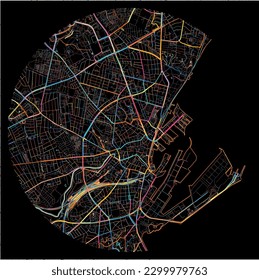 Mapa de Aarhus con todas las carreteras principales y menores, ferrocarriles y vías fluviales. Coloridas líneas de arte sobre fondo negro.