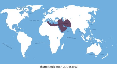 Map Of Abbasid Caliphate The Largest Borders With All World And Sea, Ocen Names 