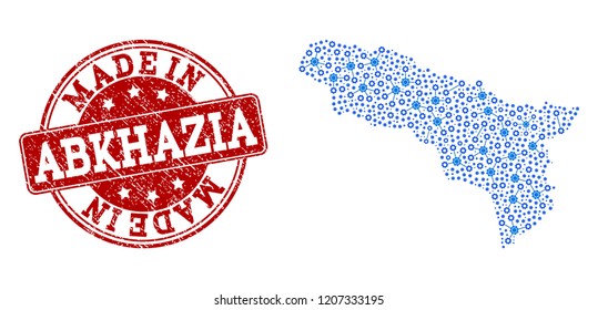 Map of Abkhazia vector mosaic and Made In grunge stamp. Map of Abkhazia composed with blue engine relations. Made in red seal with distress rubber texture.