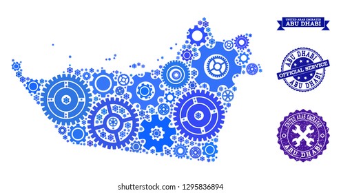 Map of Abu Dhabi Emirate formed with blue engine items, and isolated scratched seals for official repair services.