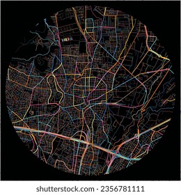 Map of Acharnes, Attica with all major and minor roads, railways and waterways. Colorful line art on black background.