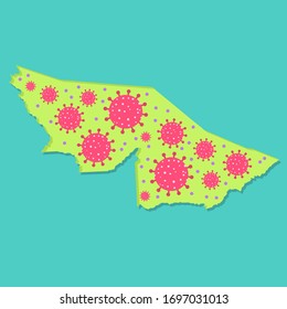 Mapa de Acre con virus. epidemia de coronavirus en el estado brasileño. Conceptual.