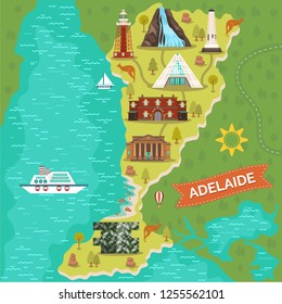 Map of Adelaide town or city. Australian landmark journey or travel banner. Port and D’arenberg cube restaurant, art gallery and Gully waterfall, mount lofty summit, bicentennial conservatory and Gaol