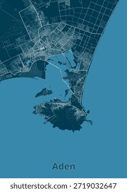 Map of Aden, featuring a monochromatic blue color scheme. The map illustrates the city's layout, including streets, water bodies, and geographical features. 