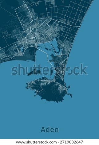 Map of Aden, featuring a monochromatic blue color scheme. The map illustrates the city's layout, including streets, water bodies, and geographical features. 
