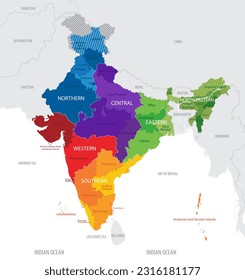 Map of the administrative division of India into Zones, regions and States, union territories, detailed vector illustration