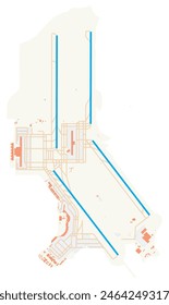 Mapa del Aeropuerto Adolfo Suárez Madrid-Barajas (España). Código IATA: MAD. Diagrama del aeropuerto con pistas de aterrizaje, pistas de rodaje, delantales, zonas de aparcamiento y edificios. Datos del mapa de OpenStreetMap.