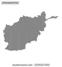 A map of Afghanistan is depicted using a dot pattern, showcasing geographic outlines and nearby countries, emphasizing its unique shape and location.