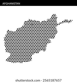 A map of Afghanistan is depicted using a dot pattern, showcasing geographic outlines and nearby countries, emphasizing its unique shape and location.