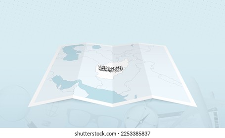 Map of Afghanistan with the flag of Afghanistan in the contour of the map on a trip abstract backdrop. Travel illustration.