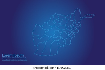 Map of afghanistan - With glowing point and lines scales on the dark gradient background. afghanistan map with country borders, thin Blue outline on Dark background.