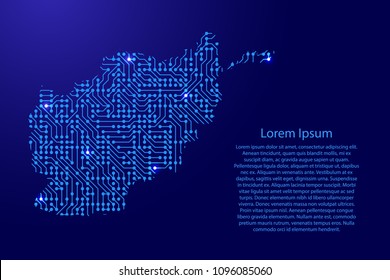 Map Afghanistan from printed board, chip and radio component with blue star space on the contour for banner, poster, greeting card. Computer electronics processor motherboard. Vector illustration. 