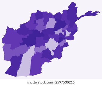 Map of Afghanistan with regions. Just a simple country border map with region division. Deep purple color palette. Blank Afghanistan shape with administrative division. Vector illustration.