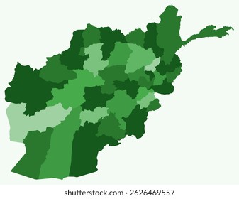 Mapa do Afeganistão com regiões. Apenas um simples mapa de fronteira de país com divisão de região. Paleta de cores verde. Forma simples no Afeganistão com divisão administrativa. Ilustração vetorial.