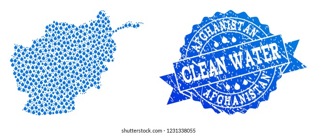 Map of Afghanistan vector mosaic and clean water grunge stamp. Map of Afghanistan created with blue aqua drops. Seal with scratched rubber texture for pure drinking water.