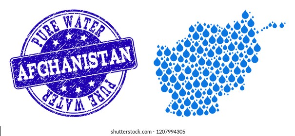 Map of Afghanistan vector mosaic and Pure Water grunge stamp. Map of Afghanistan formed with blue water drops. Seal with retro rubber texture for natural drinking water.