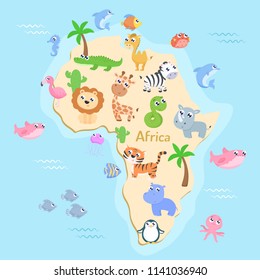Map of Africa with animals for kids. Flat design.