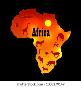 Map of africa with animals and sun 